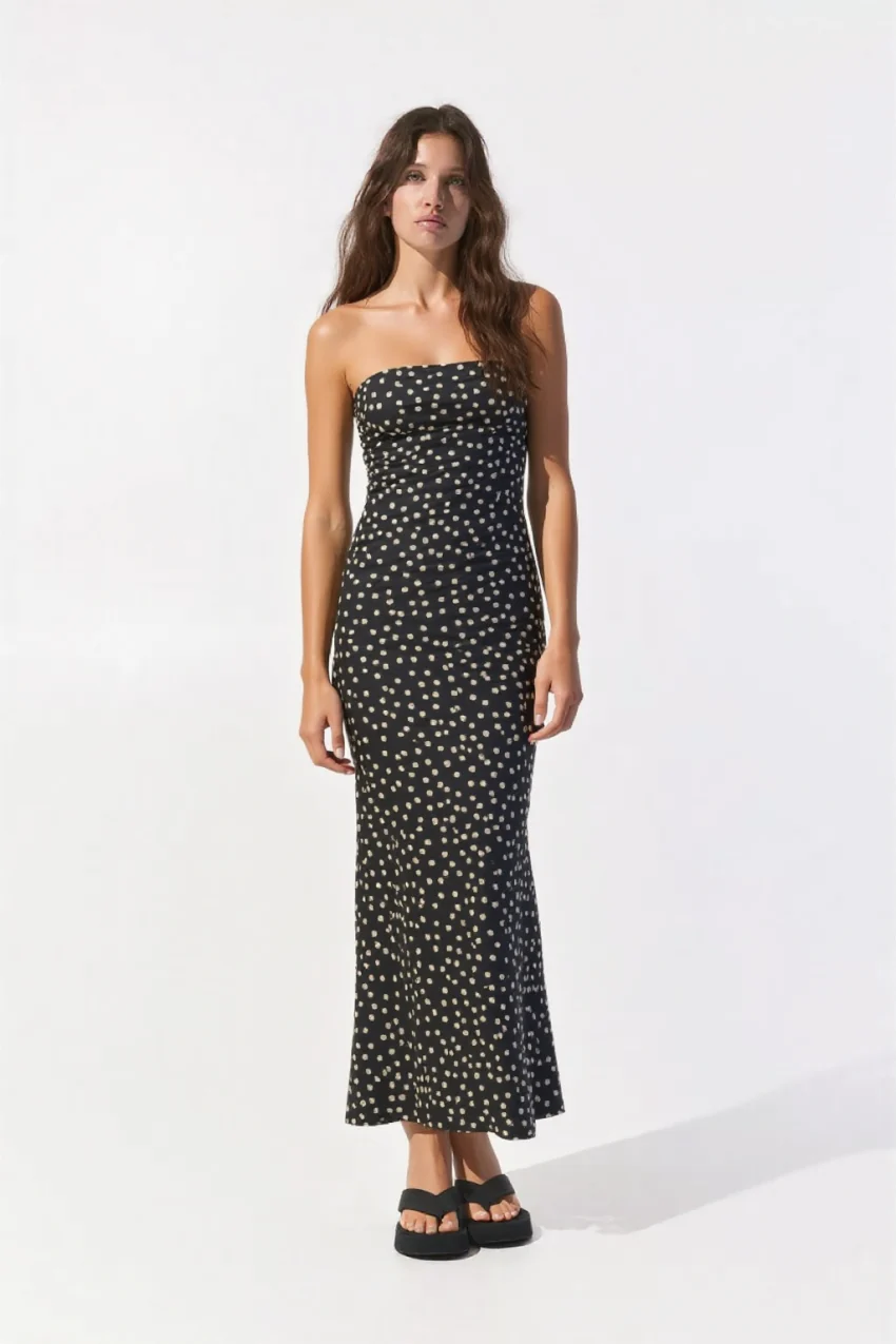 Denya Strapless Maxi Dress in Black Polka Dot Print - Image 2