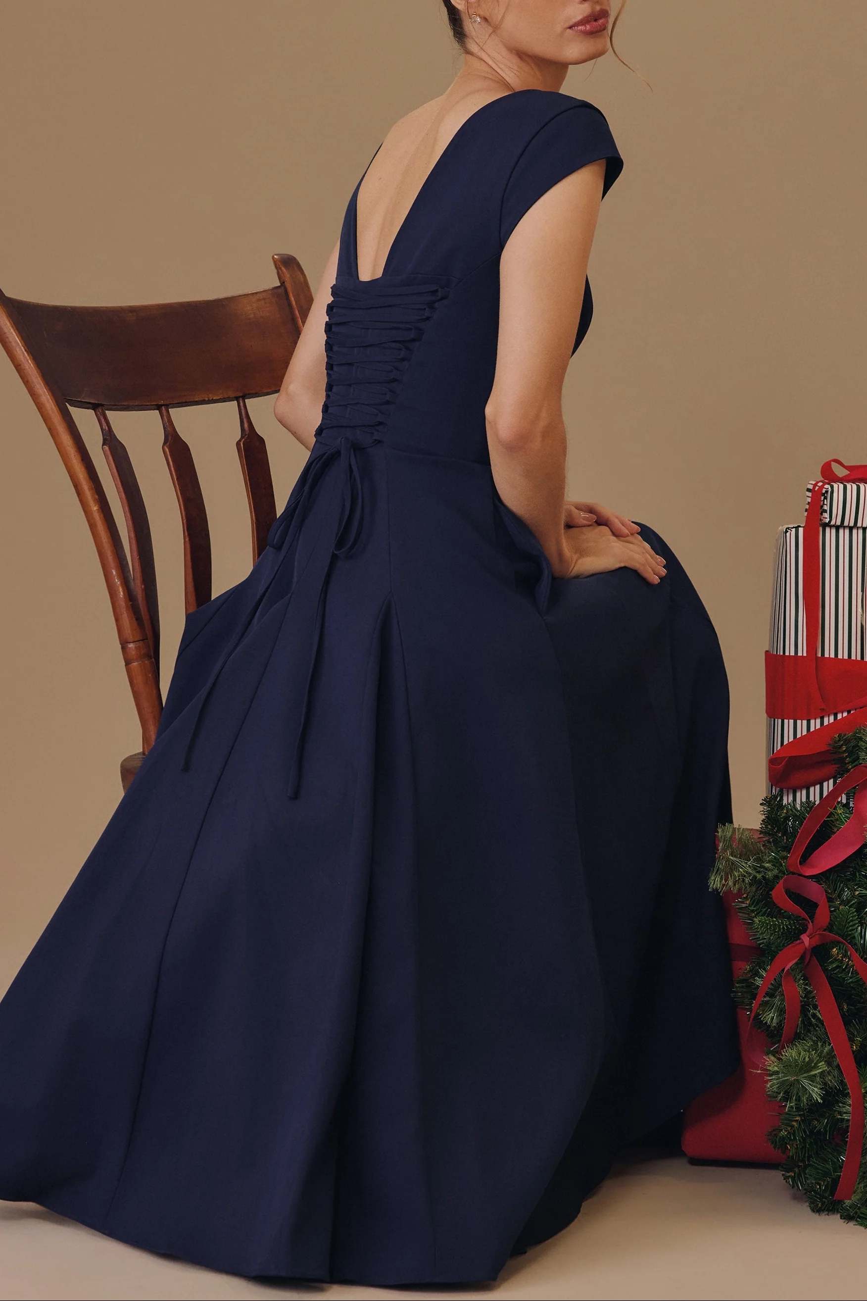 Elise Cap Sleeve Midi Dress in NavyBlue - Image 6