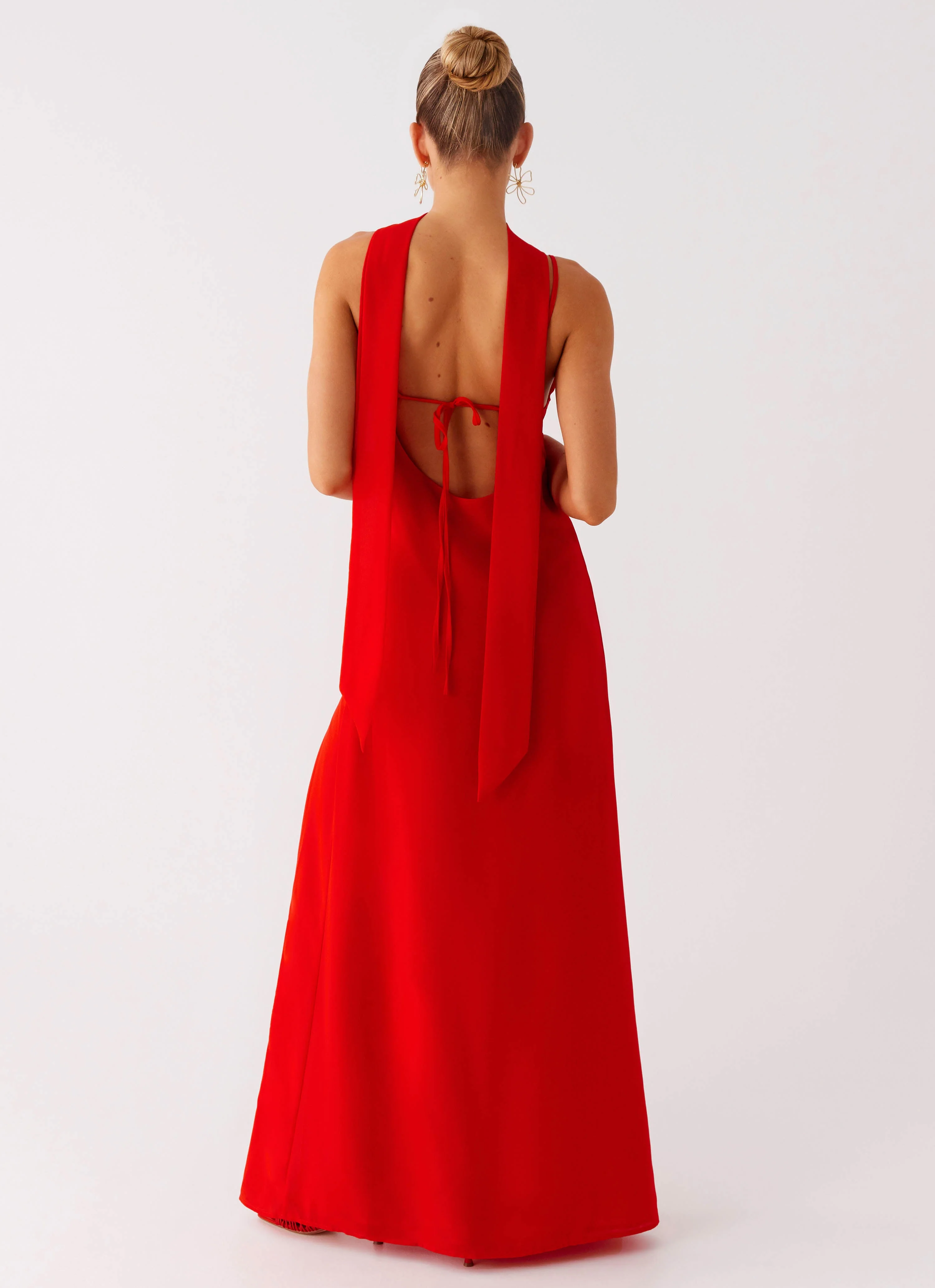 Eve Red Satin Maxi Dress with Scarf  - Raspberry Red - Image 3