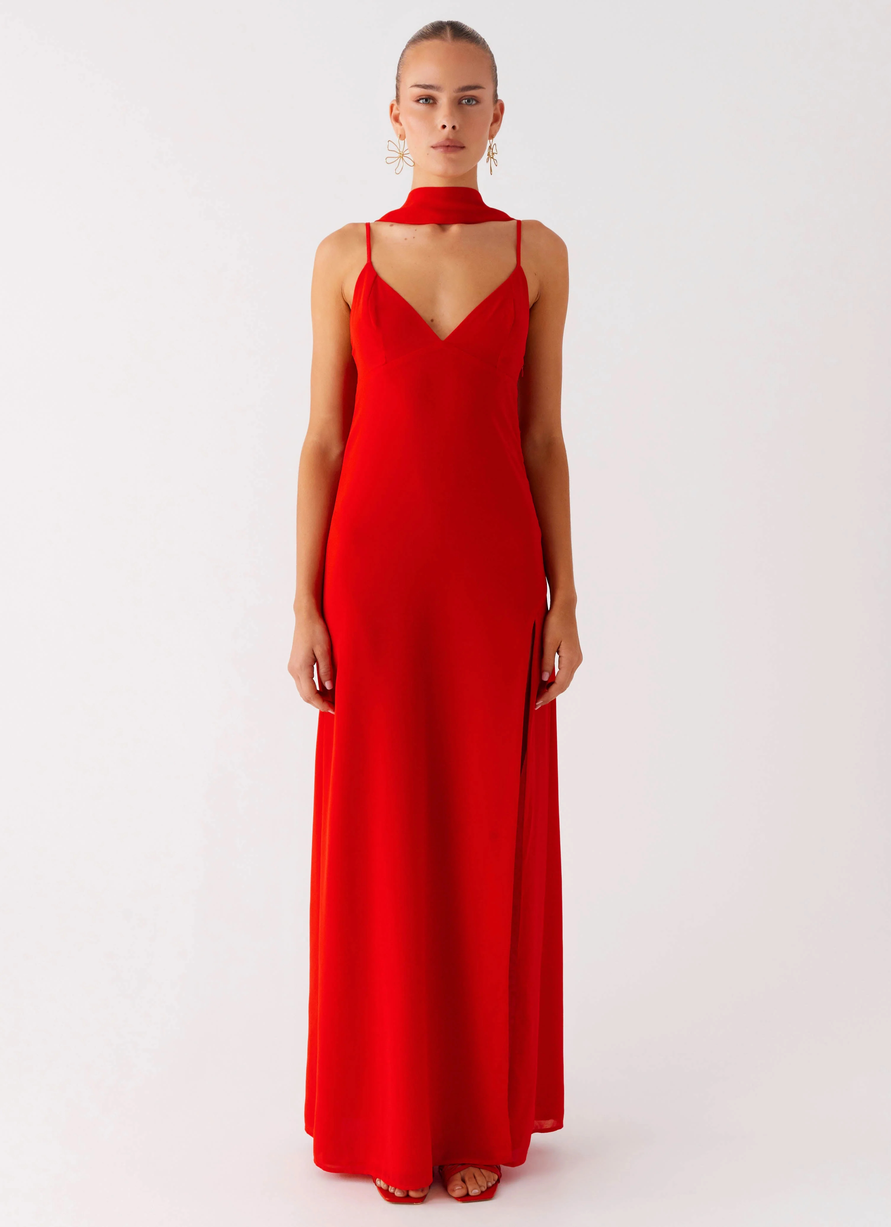 Eve Red Satin Maxi Dress with Scarf  - Raspberry Red - Image 4
