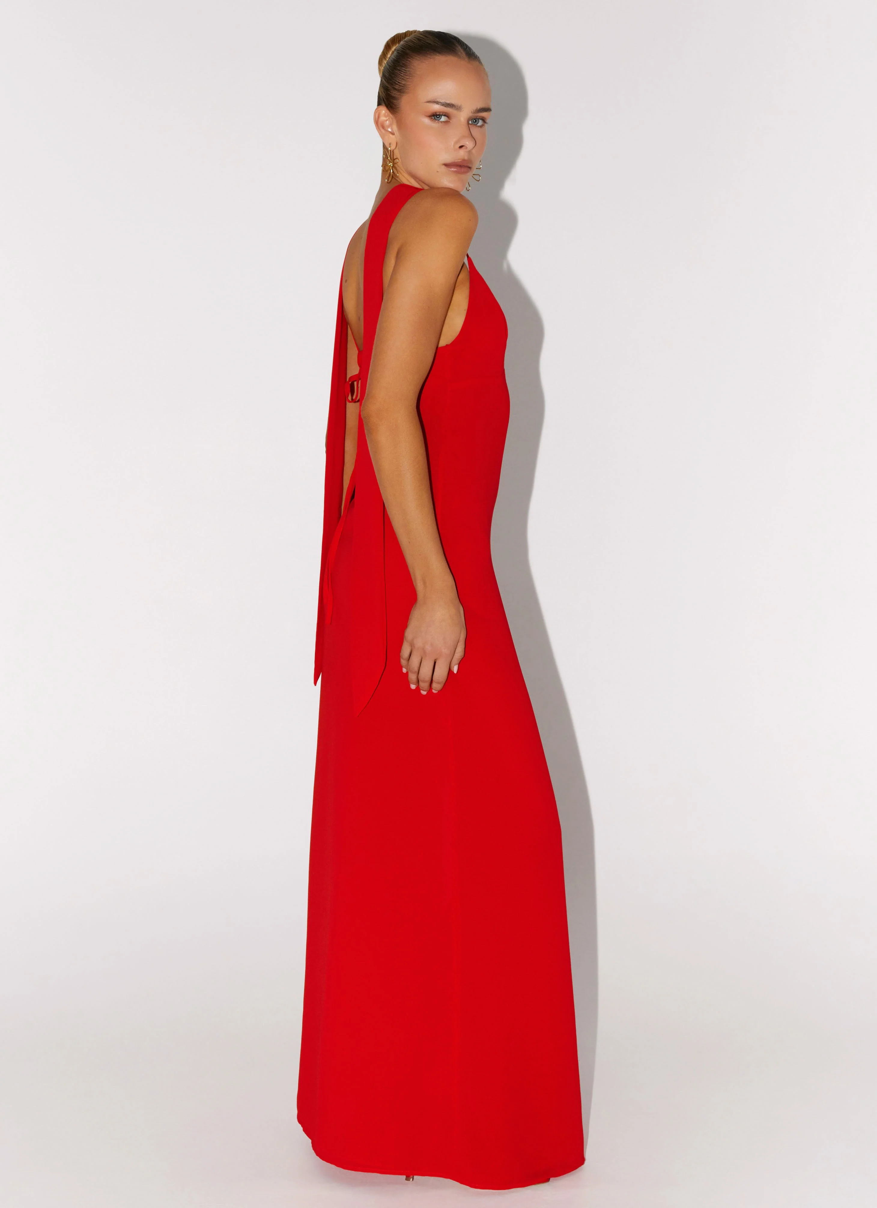 Eve Red Satin Maxi Dress with Scarf  - Raspberry Red - Image 6