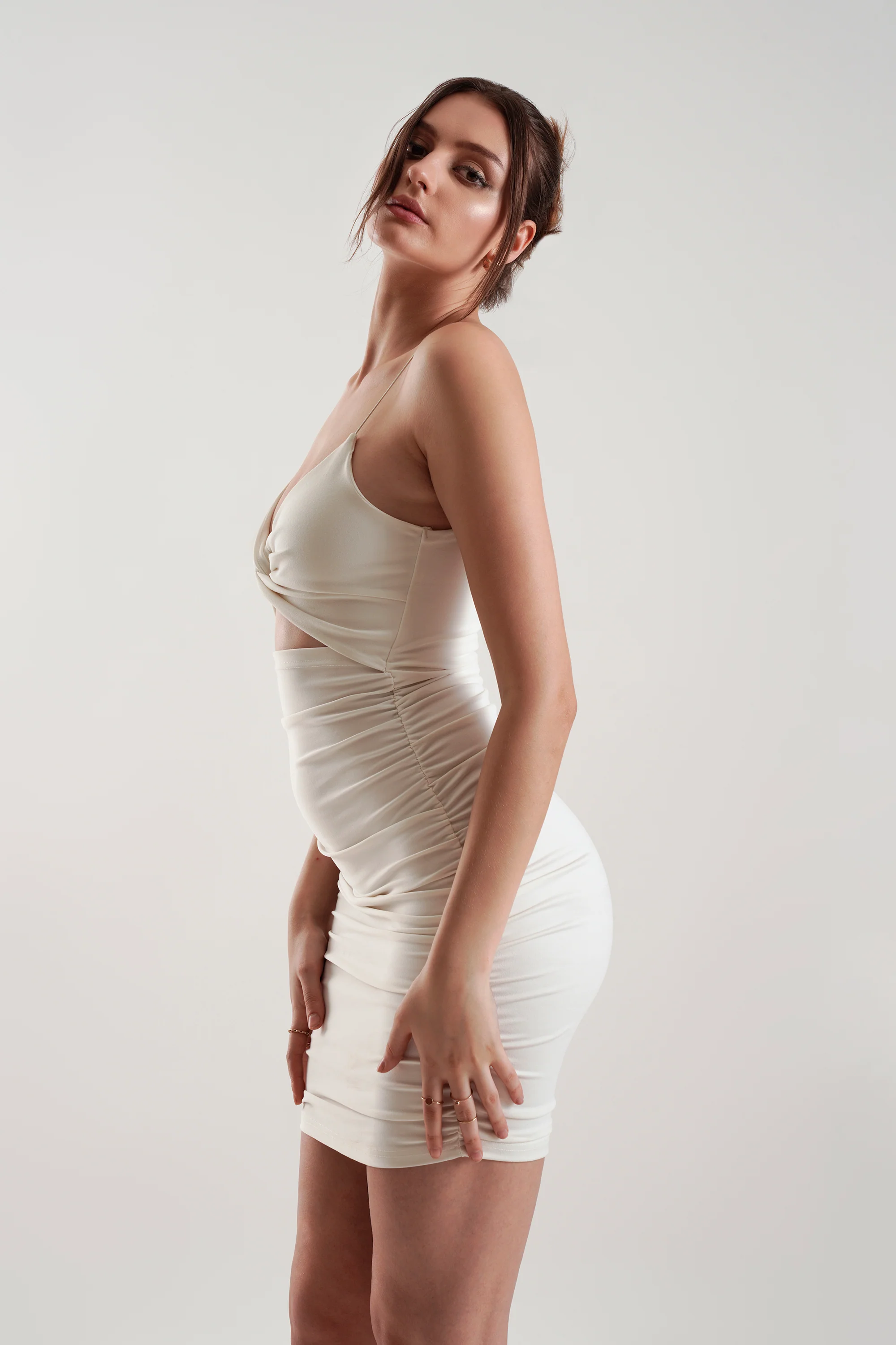 FOCUS ON ME Cut Out Ruched Mini Dress in Ivory - Image 3