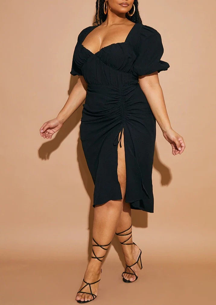 Hailey PUFF SLEEVE RUCHED SIDE SPLIT MIDI DRESS - Image 2