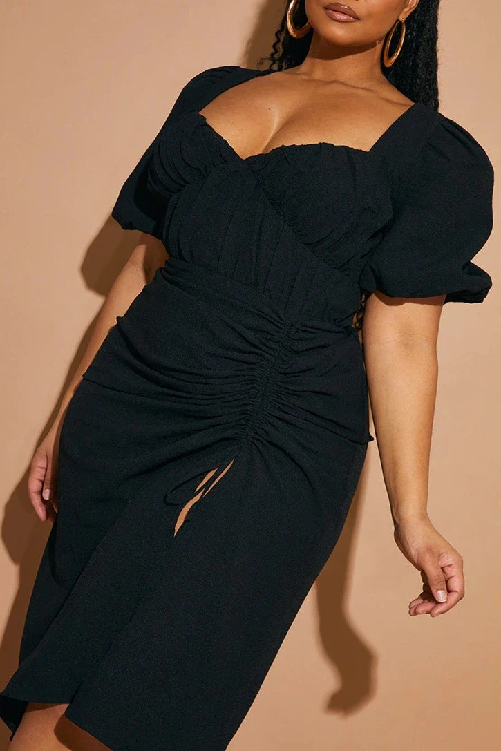 Hailey PUFF SLEEVE RUCHED SIDE SPLIT MIDI DRESS - Image 3