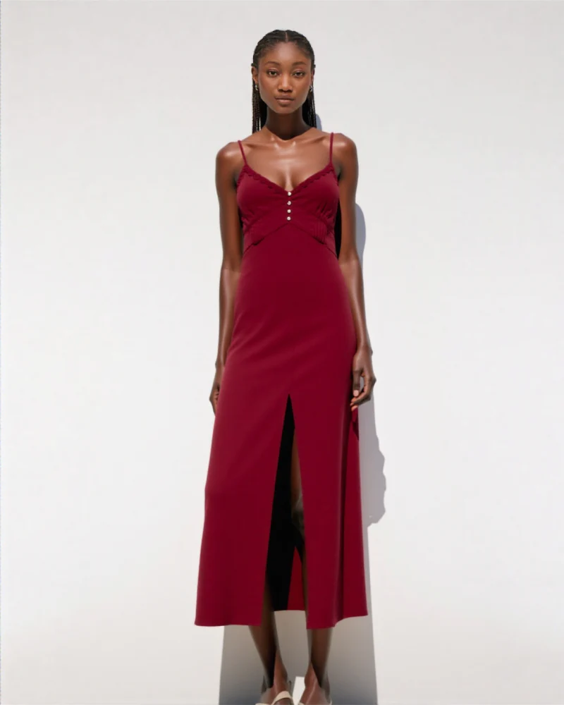 Isana LINEN BLEND MIDI DRESS Maroon