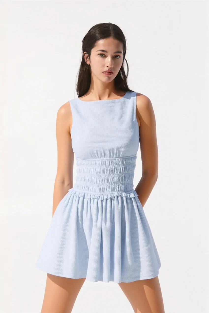 Ivy Shirred Dress in Blue - Image 5
