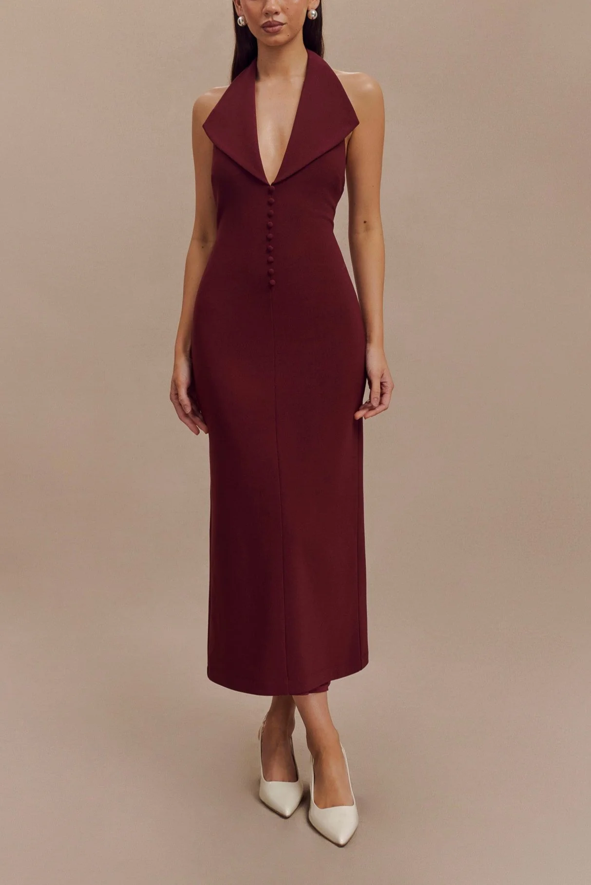 Keira Crepe Halter Midi Dress in Maroon - Image 3