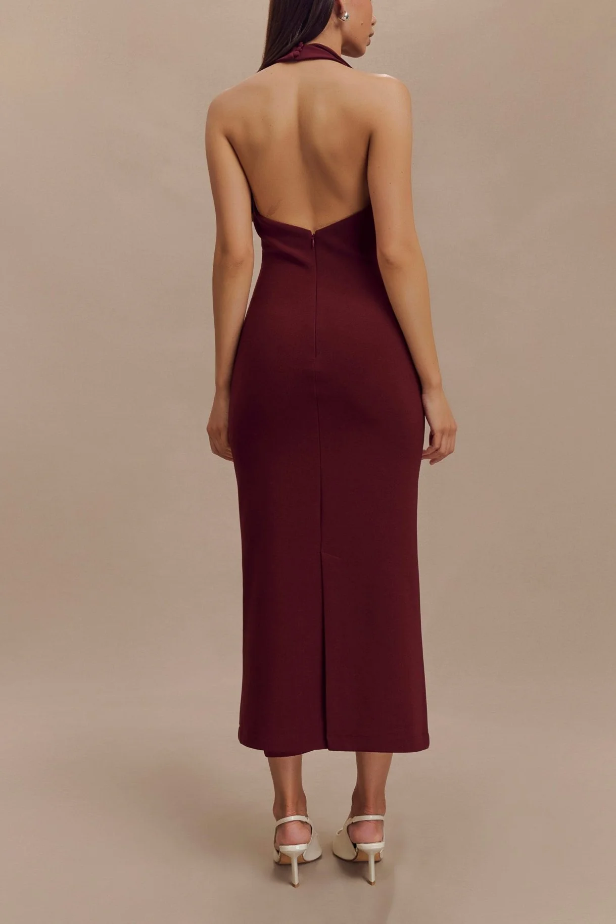Keira Crepe Halter Midi Dress in Maroon - Image 4