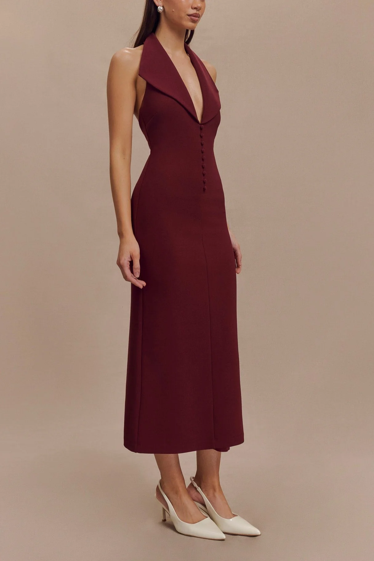 Keira Crepe Halter Midi Dress in Maroon - Image 5
