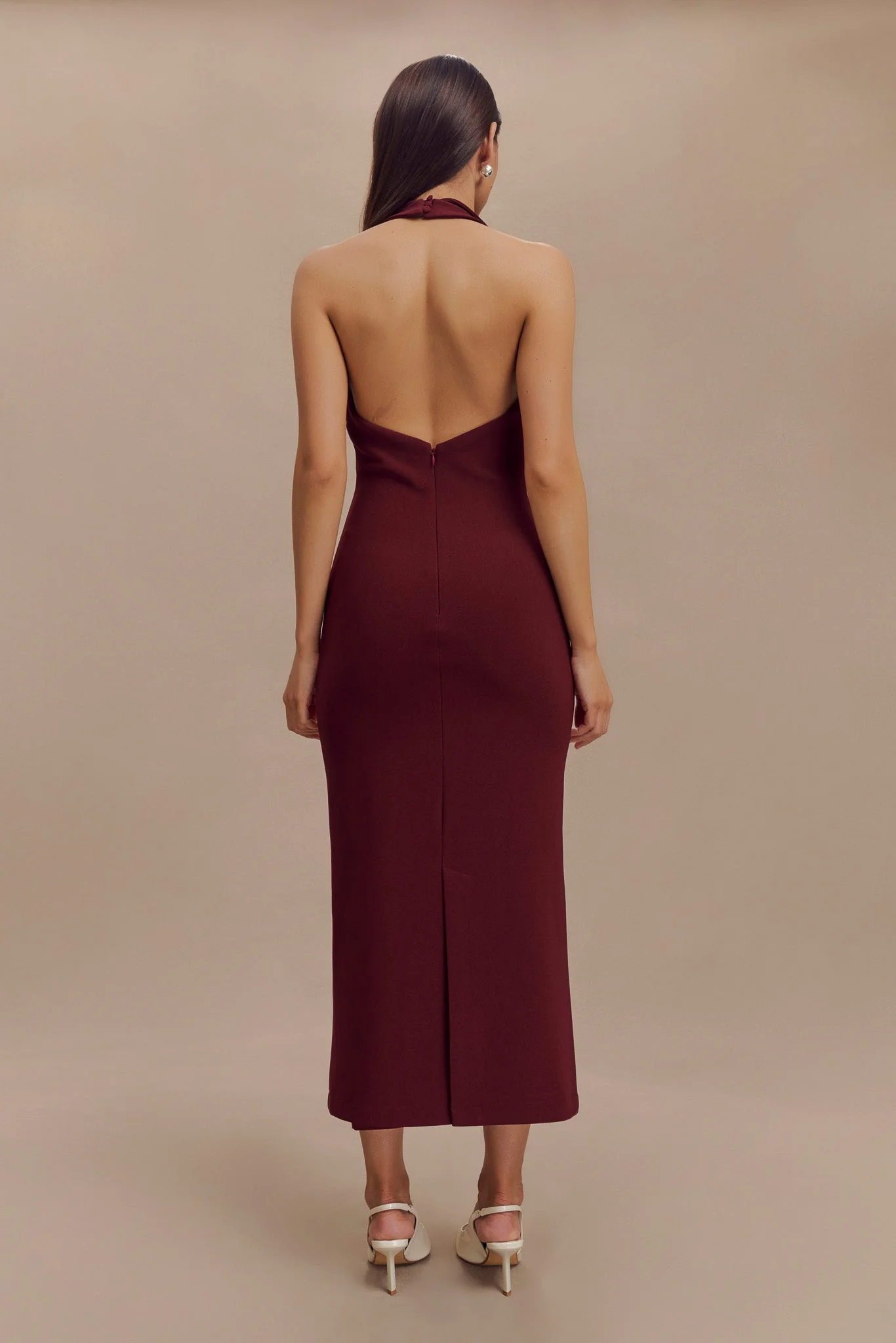 Keira Crepe Halter Midi Dress in Maroon - Image 6