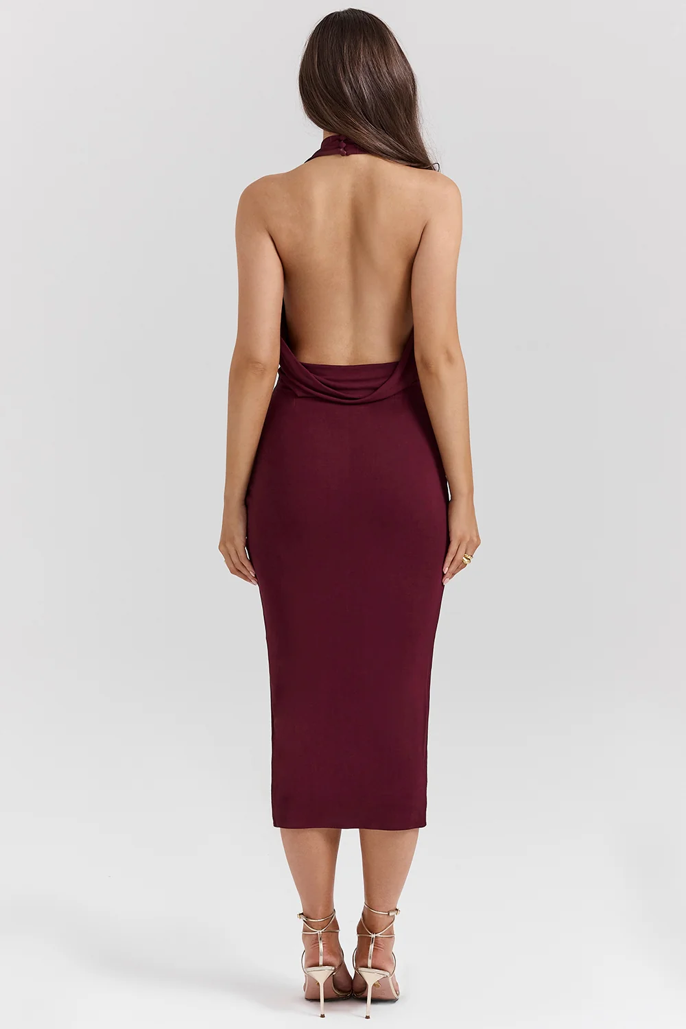 Lena Merlot Draped Midi Dress - Image 3