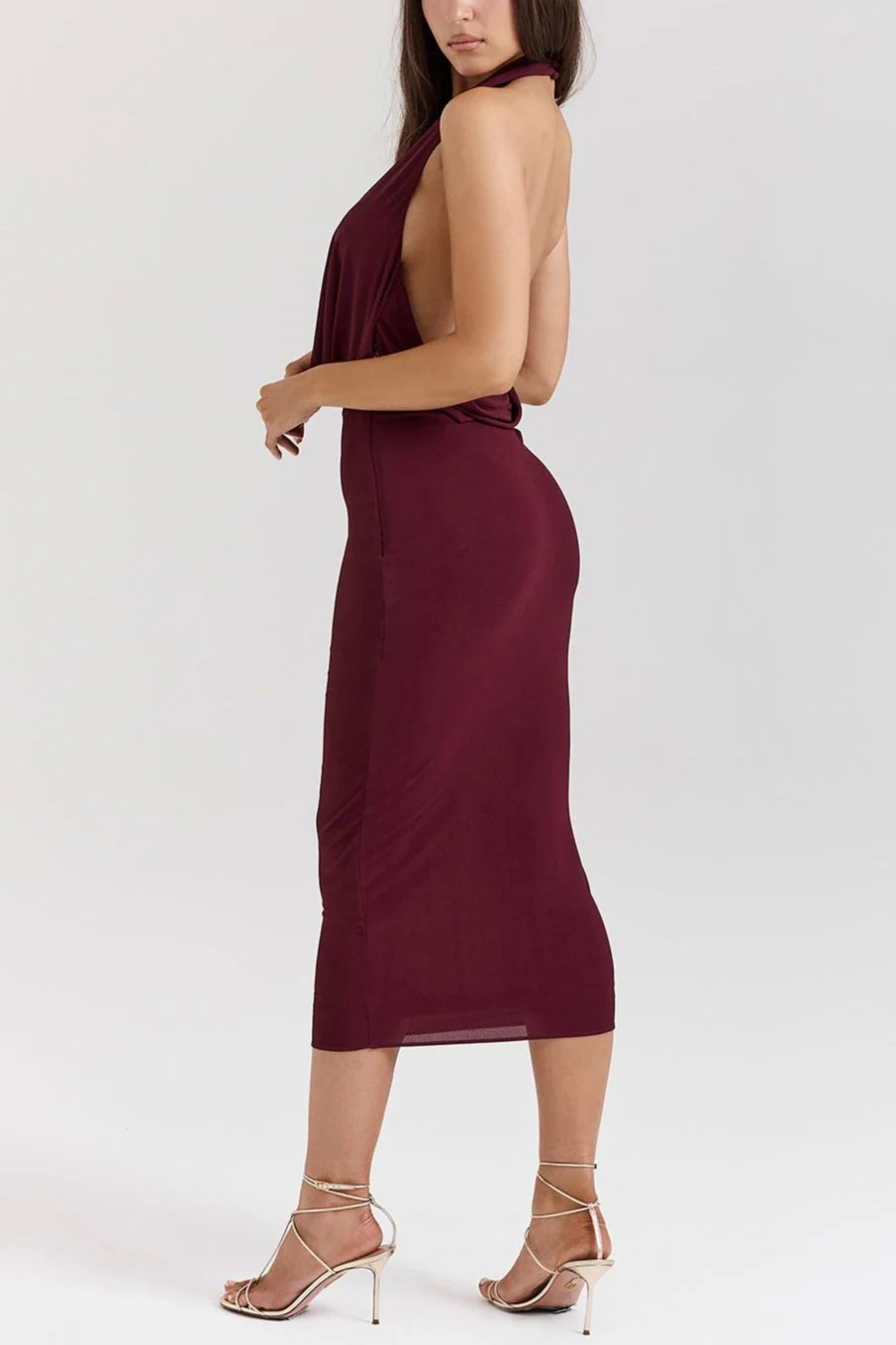 Lena Merlot Draped Midi Dress - Image 4