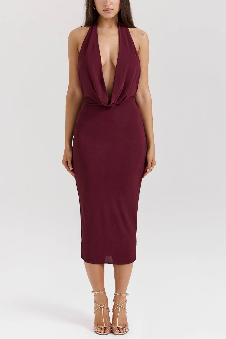 Lena Merlot Draped Midi Dress - Image 6