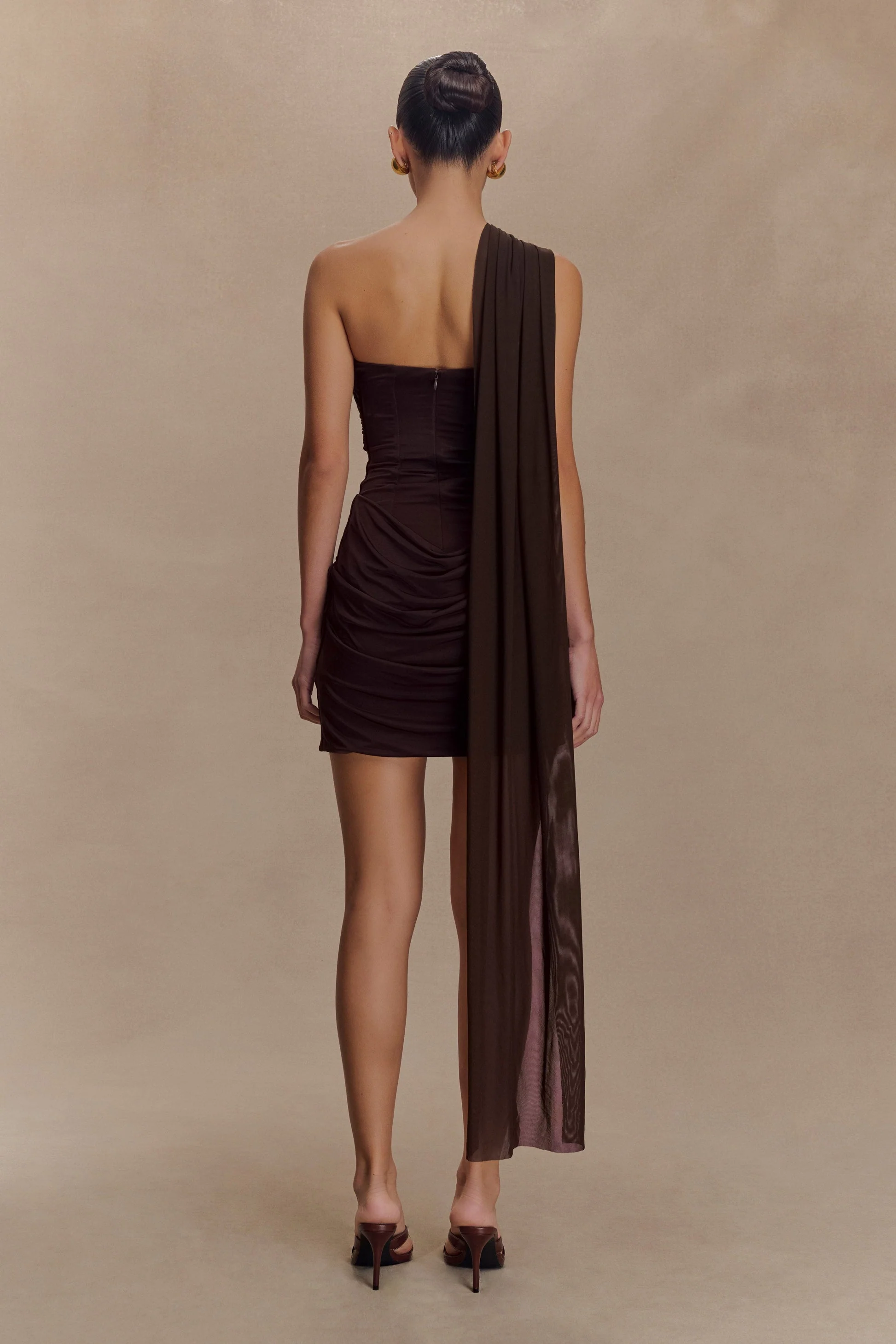 Lia Espresso Mesh Mini Dress With Scarf - Dark Chocolate - Image 3