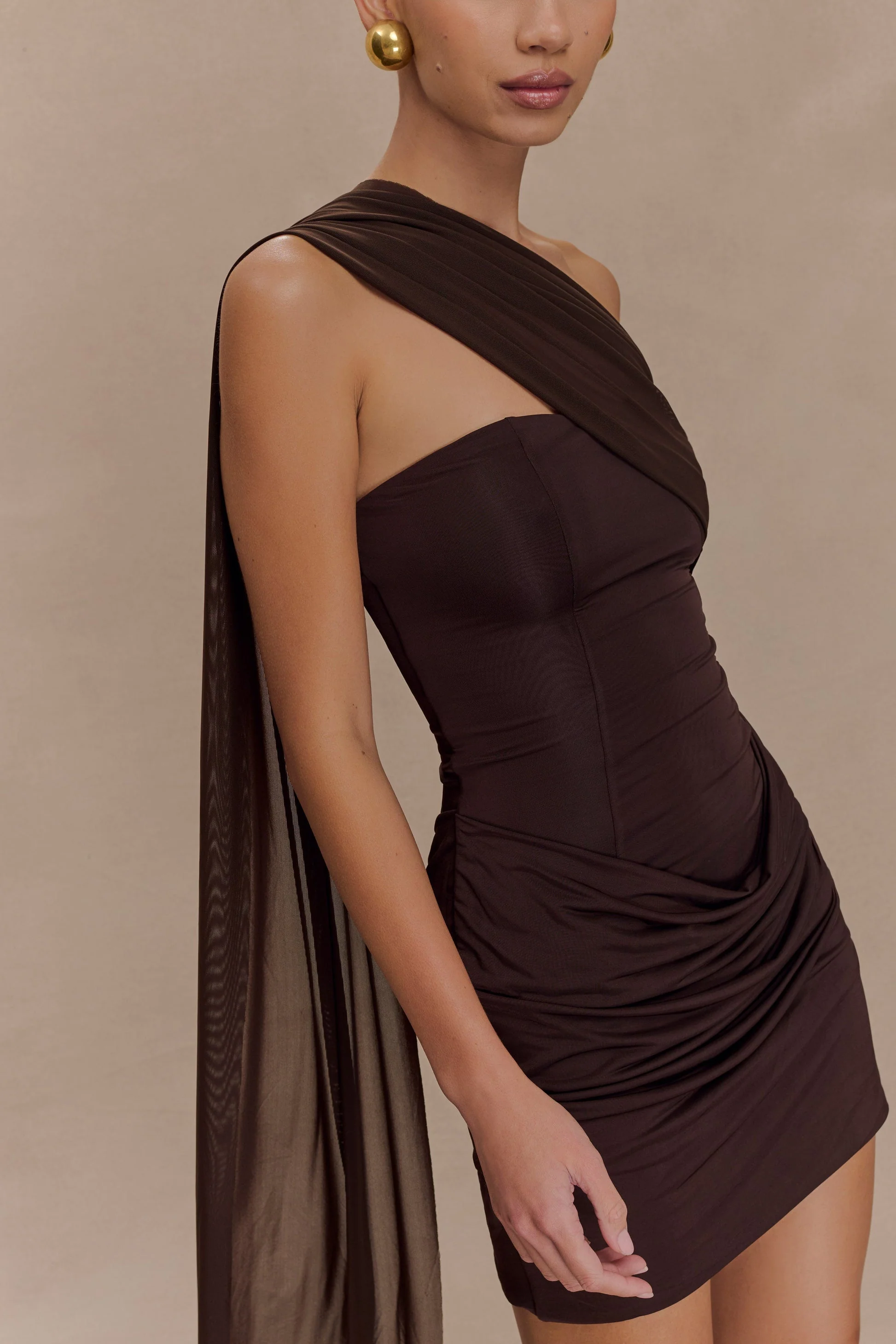 Lia Espresso Mesh Mini Dress With Scarf - Dark Chocolate - Image 4