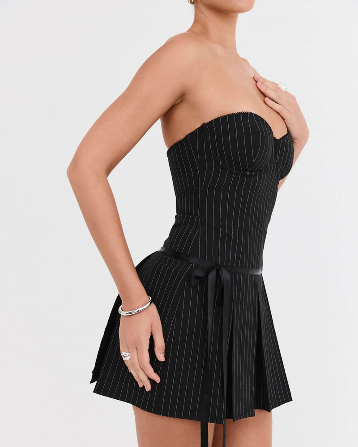 Lilia Pinstripe Mini Dress in Black - Image 4