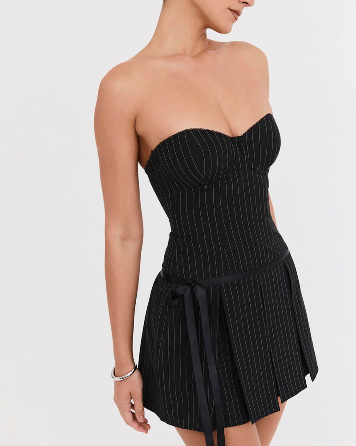 Lilia Pinstripe Mini Dress in Black - Image 5