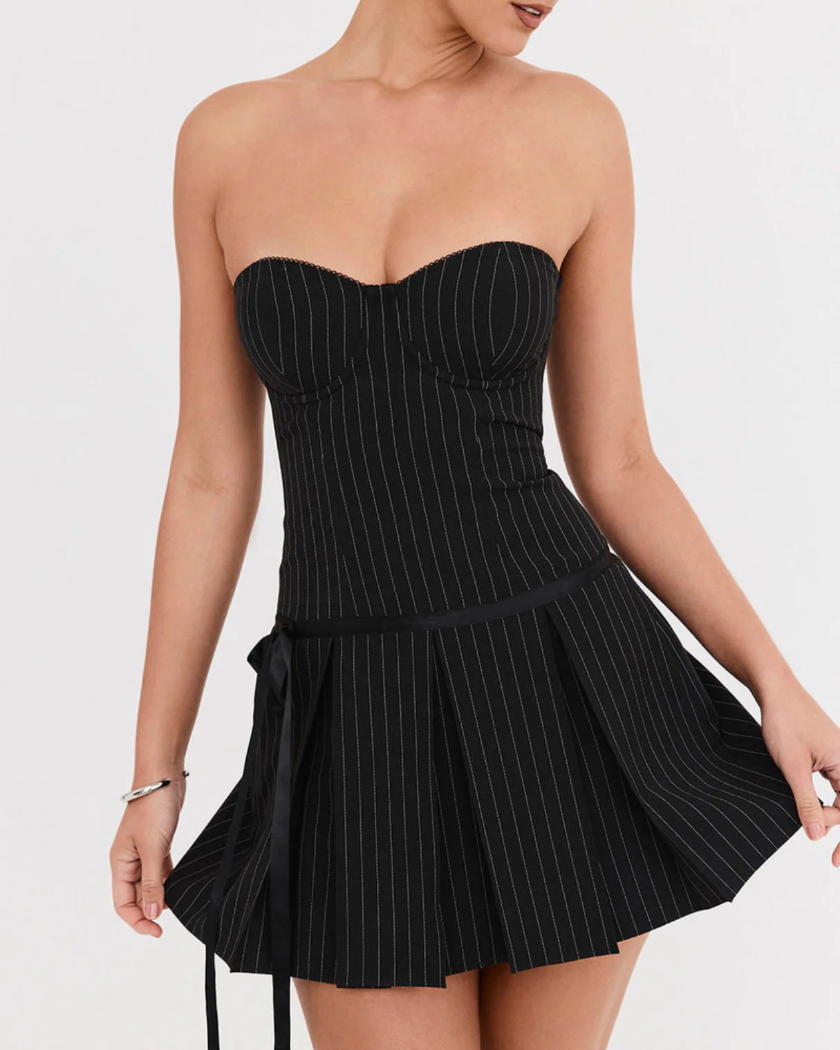 Lilia Pinstripe Mini Dress in Black - Image 6