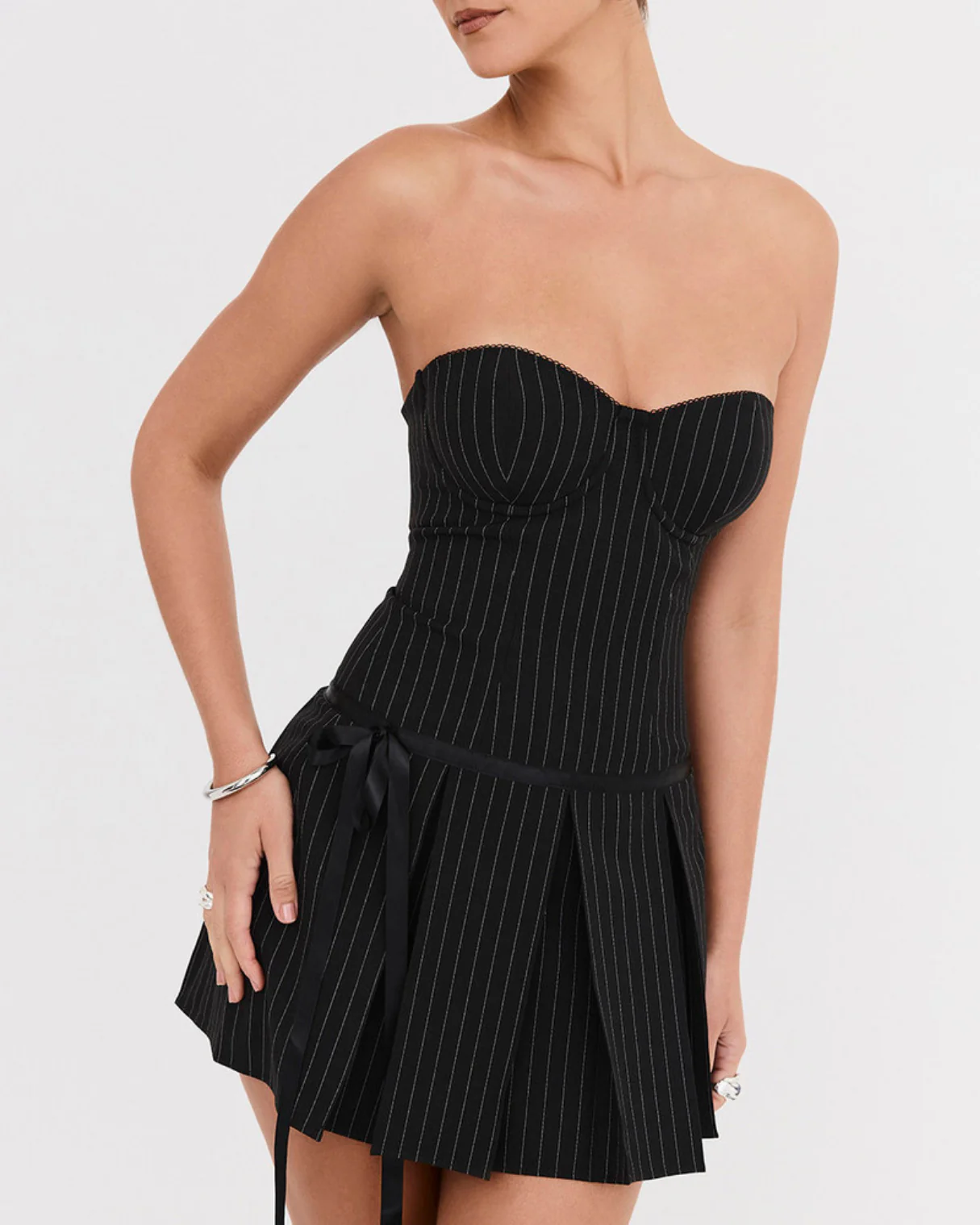 Lilia Pinstripe Mini Dress in Black - Image 7