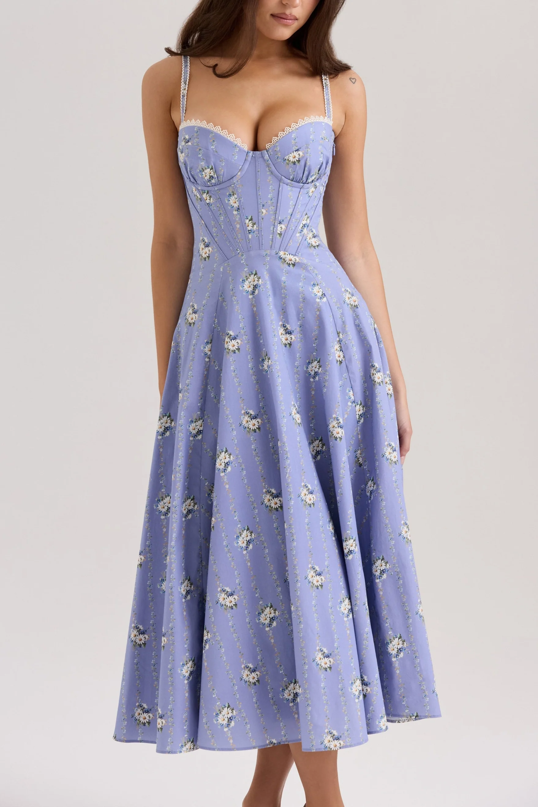 Lilou Blue Daisy Print Midi Sundress in Blue