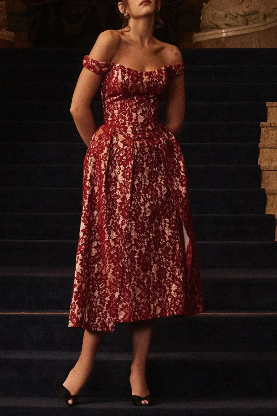 Marina Berry Lace Midi Off Shoulder Dress - Image 3