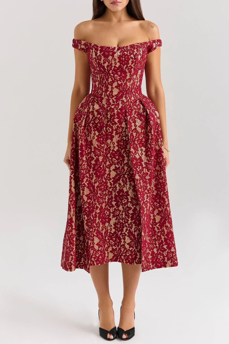 Marina Berry Lace Midi Off Shoulder Dress - Image 4