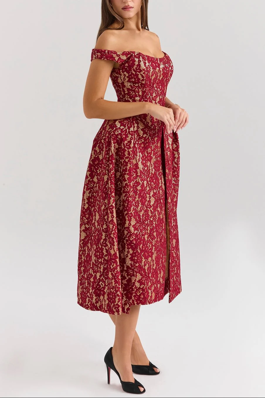 Marina Berry Lace Midi Off Shoulder Dress - Image 6