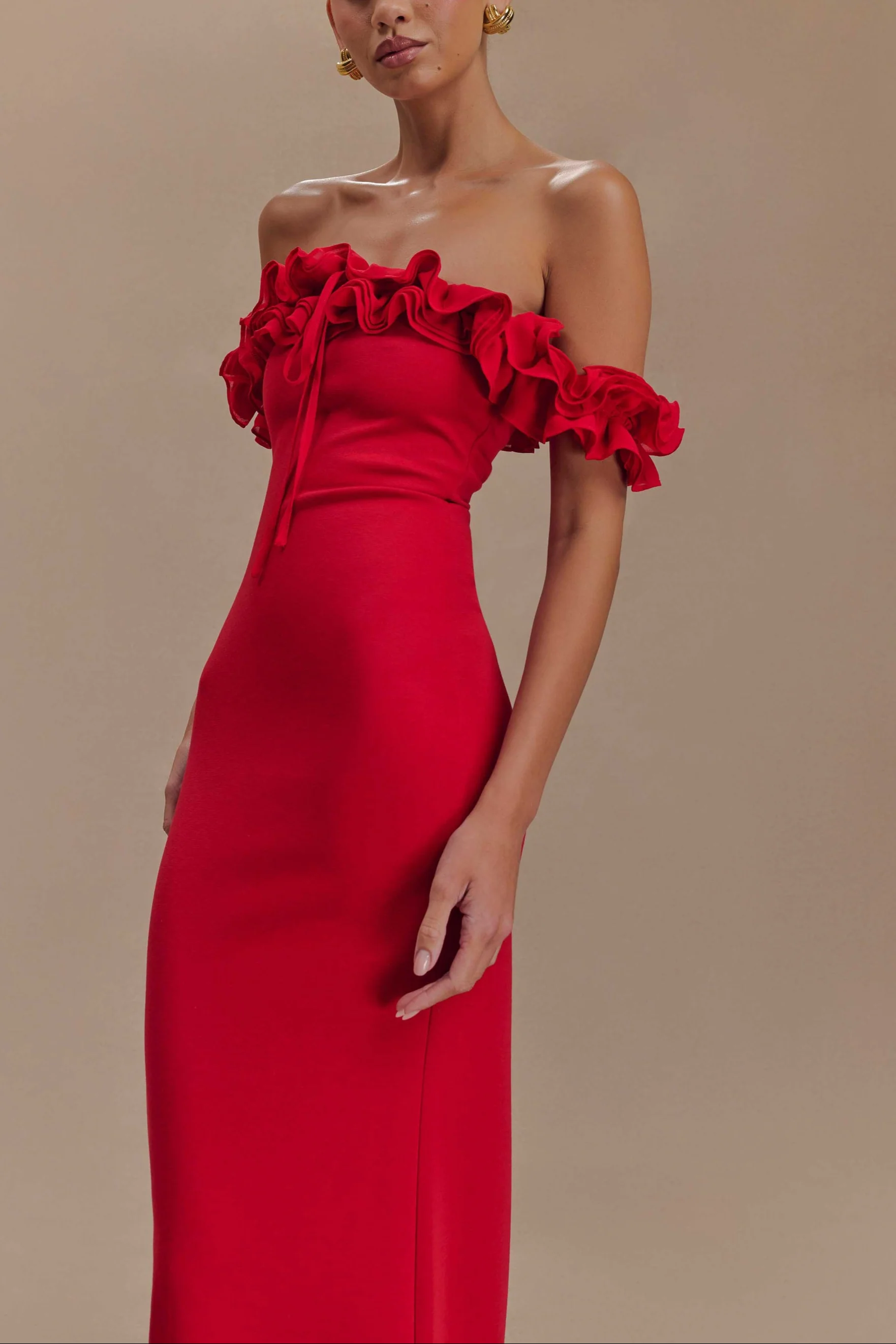 Masha Ruffle Off Shoulder Maxi Dress in Red - Image 3