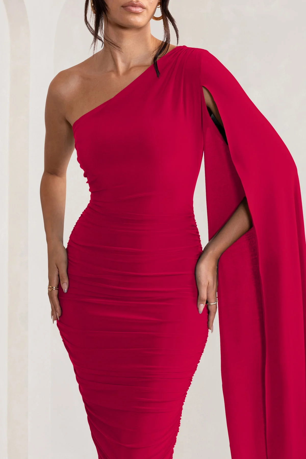MUSE RED ONE SHOULDER CAPE RUCHED MIDI DRESS - Image 2