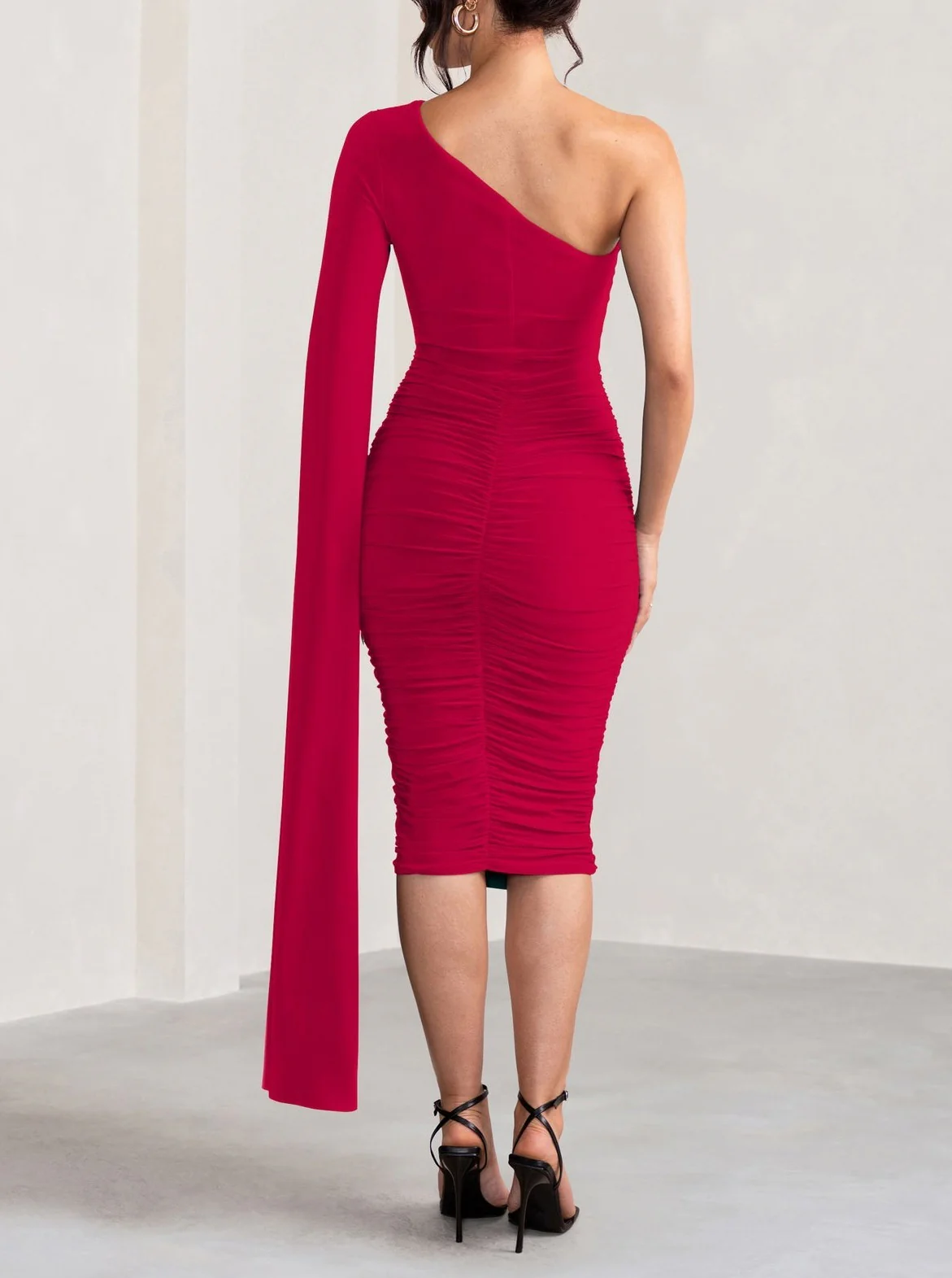 MUSE RED ONE SHOULDER CAPE RUCHED MIDI DRESS - Image 3