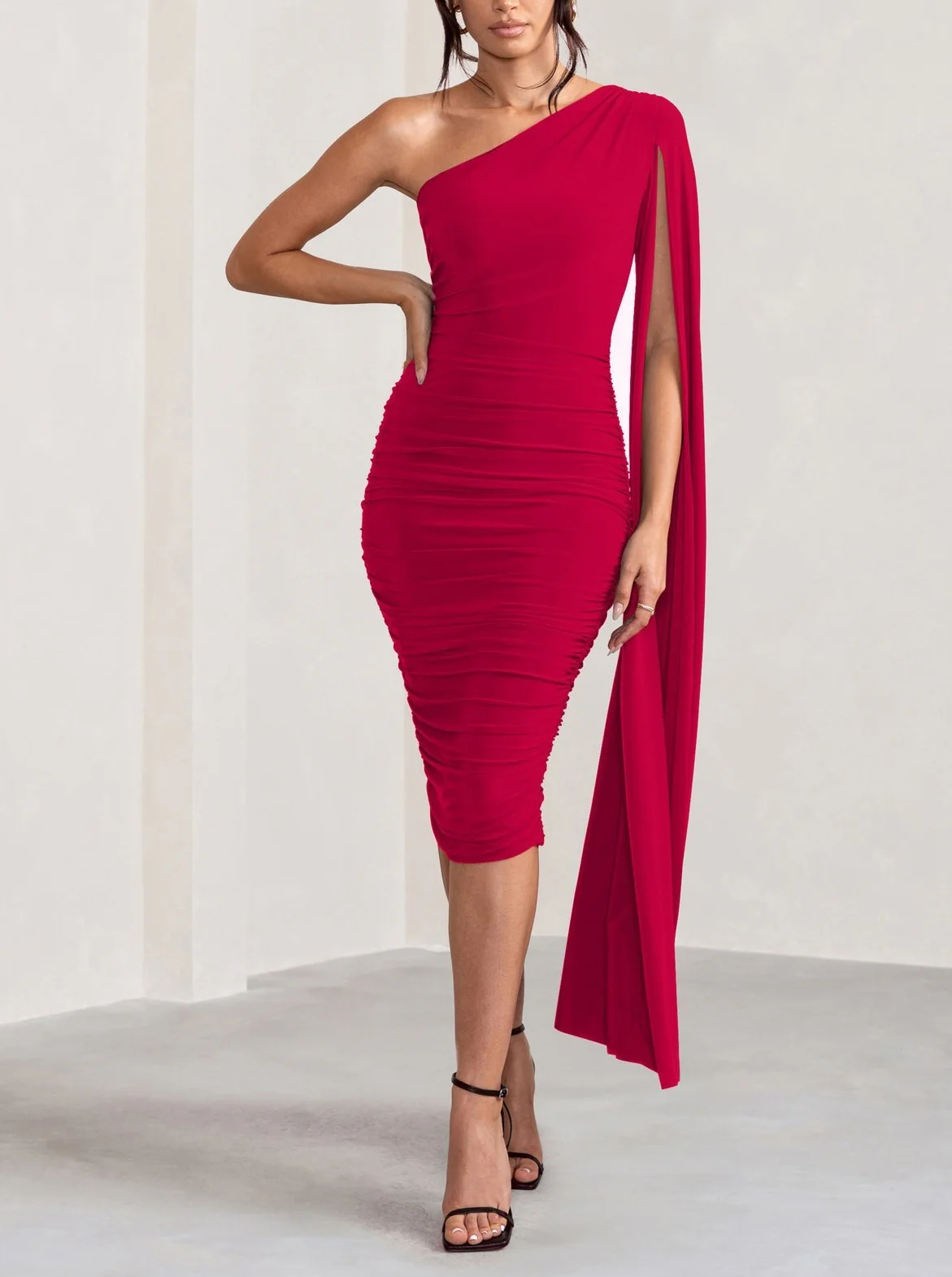 MUSE RED ONE SHOULDER CAPE RUCHED MIDI DRESS - Image 4