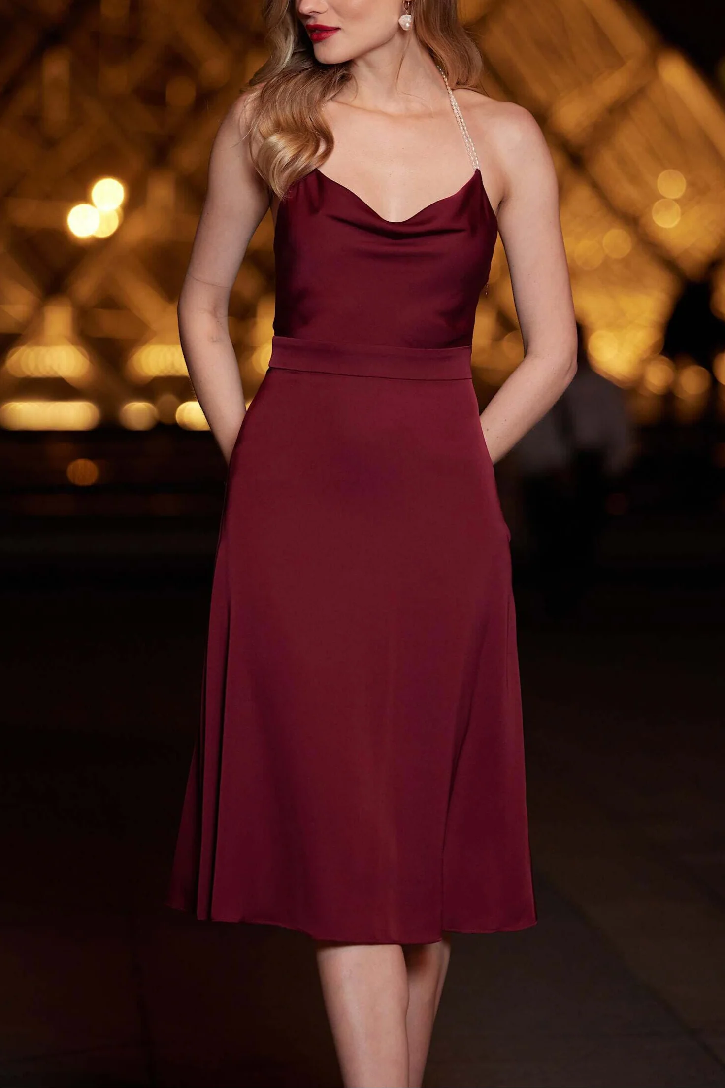 Parisian Romance Satin Midi Dress with Pearl Neckline - Image 5