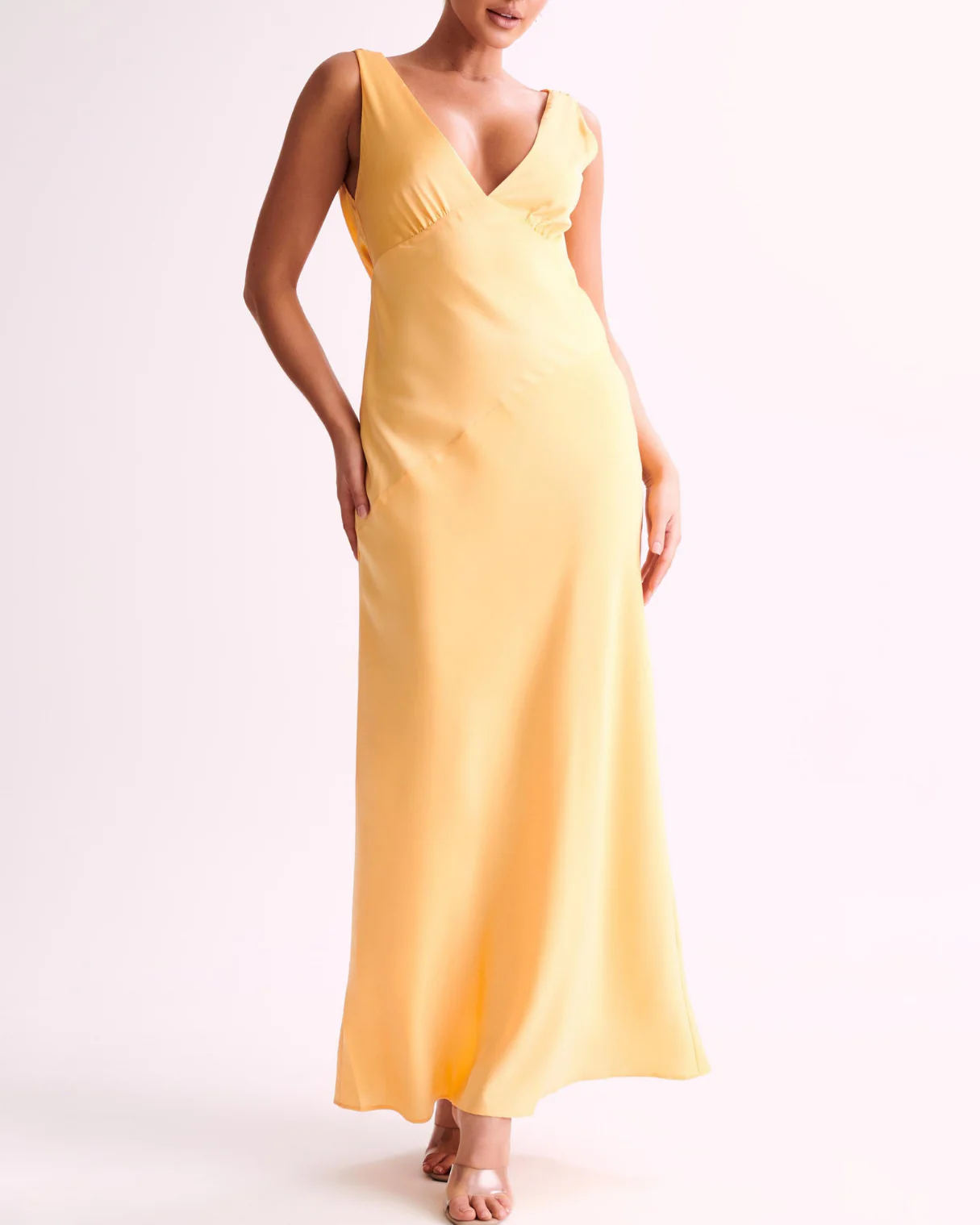 Raisa Maxi Satin Dress With Back Cowl in Lemon - Image 3