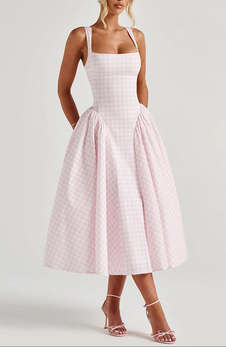 Revina Midi Dress in Blush Gingham - Image 5