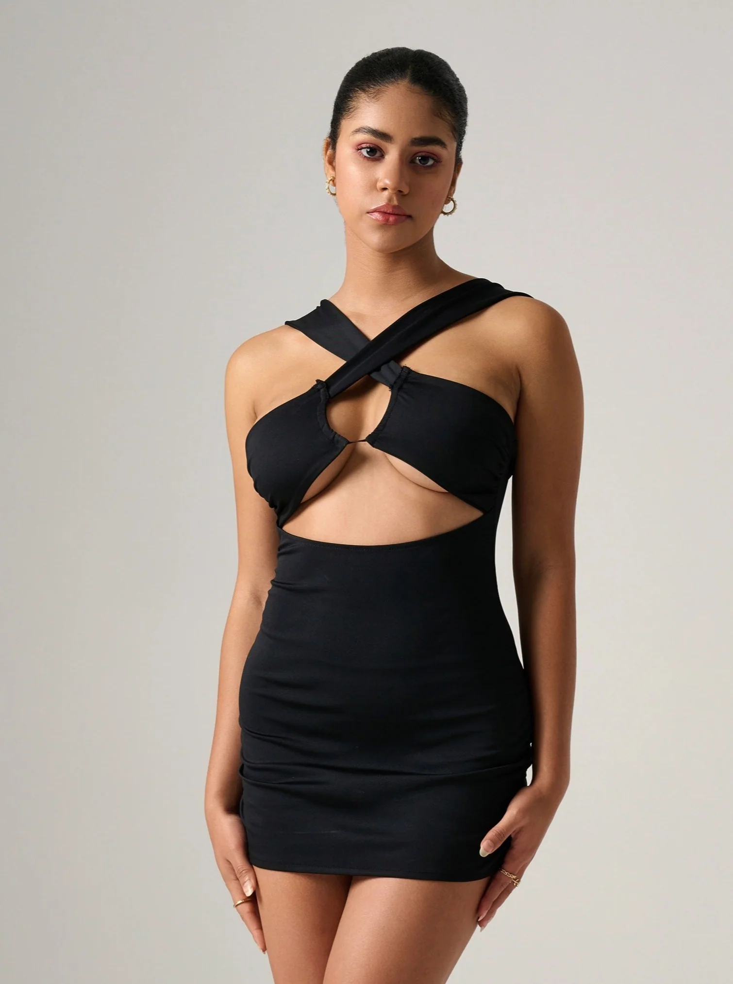 Sasha BLACK GATHERED KEYHOLE MINI DRESS - Image 3