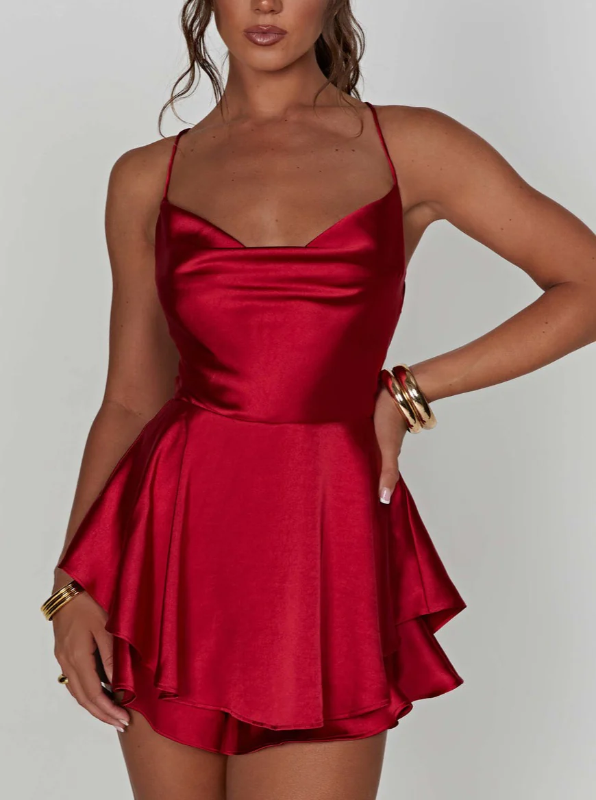 Scarlet A line satin mini Dress in RED - Image 2