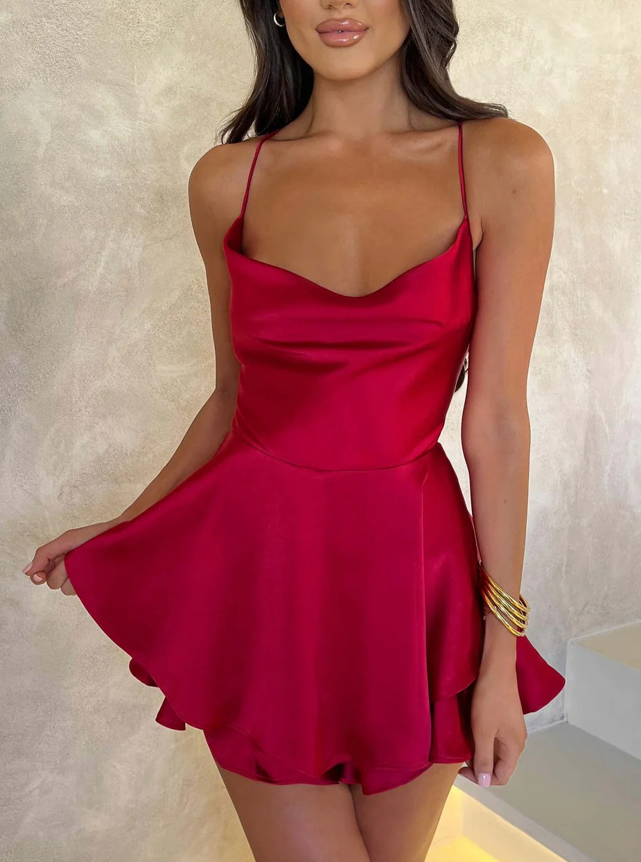 Scarlet A line satin mini Dress in RED - Image 4