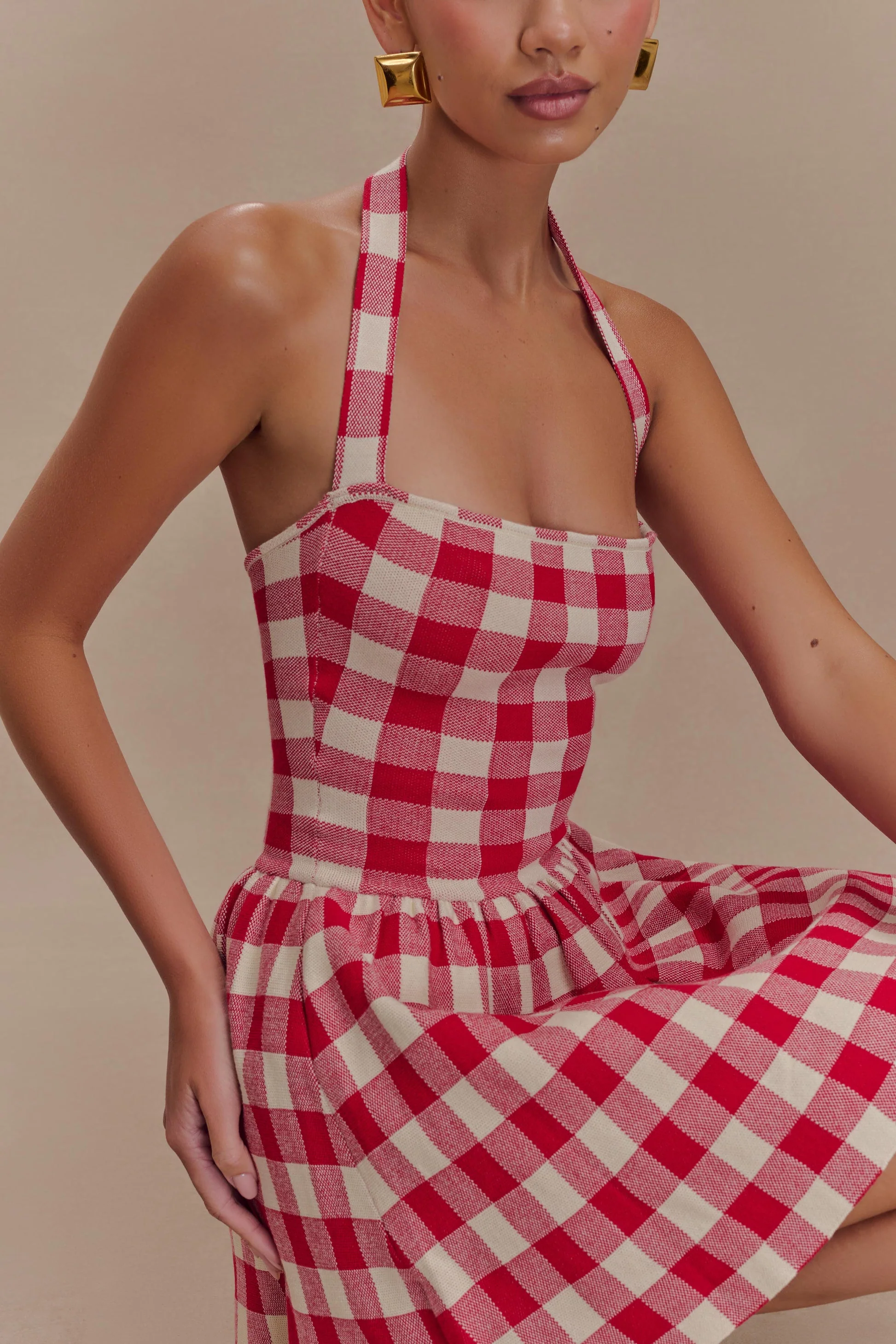 Slavina Halter Knit Mini Dress in Red Gingham - Image 2