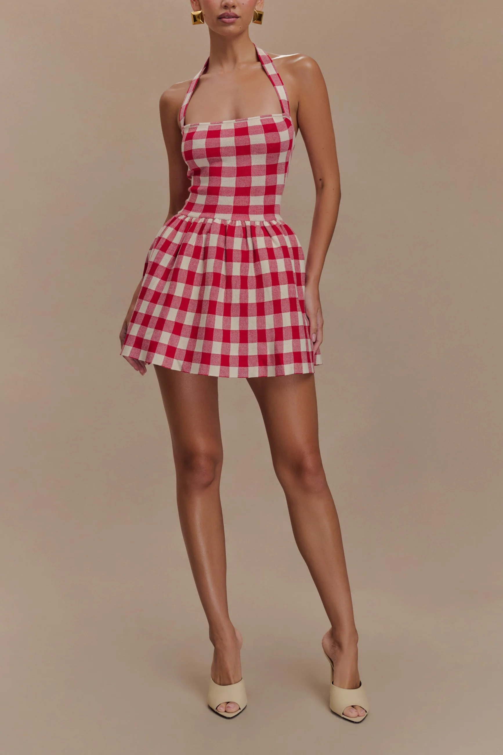 Slavina Halter Knit Mini Dress in Red Gingham - Image 3