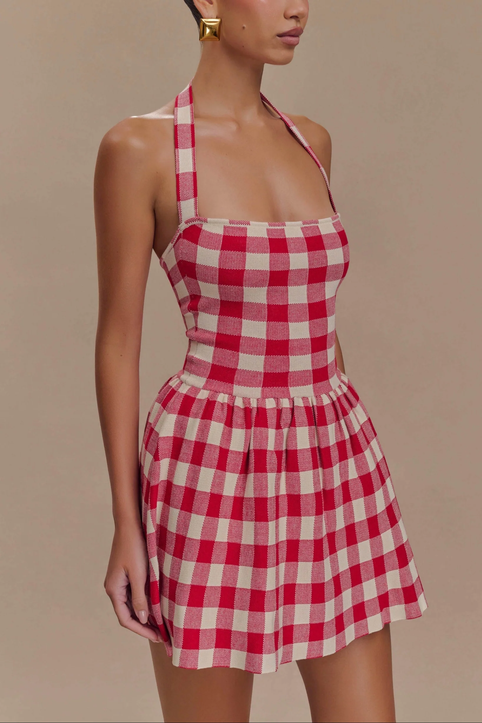 Slavina Halter Knit Mini Dress in Red Gingham - Image 5