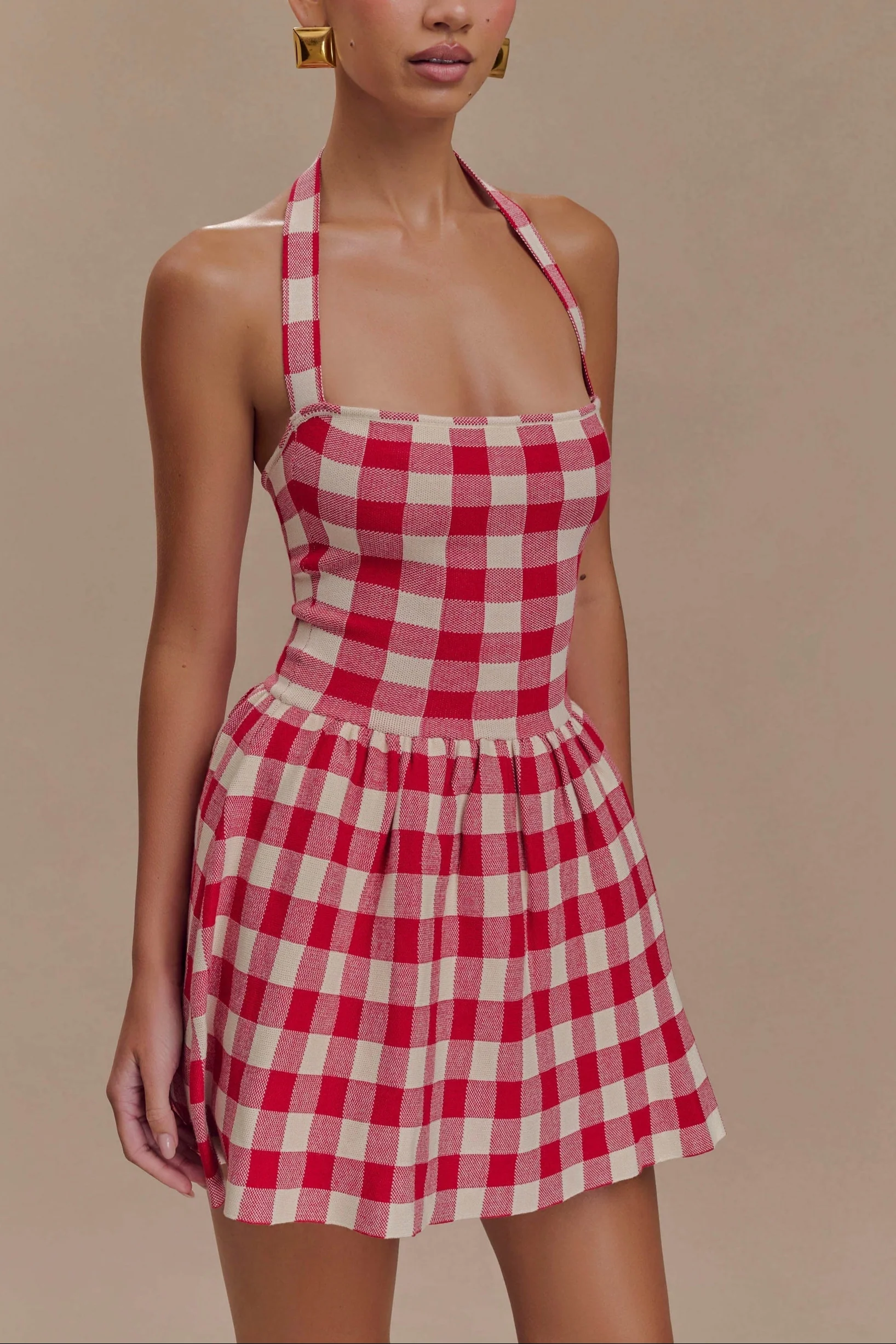 Slavina Halter Knit Mini Dress in Red Gingham - Image 6