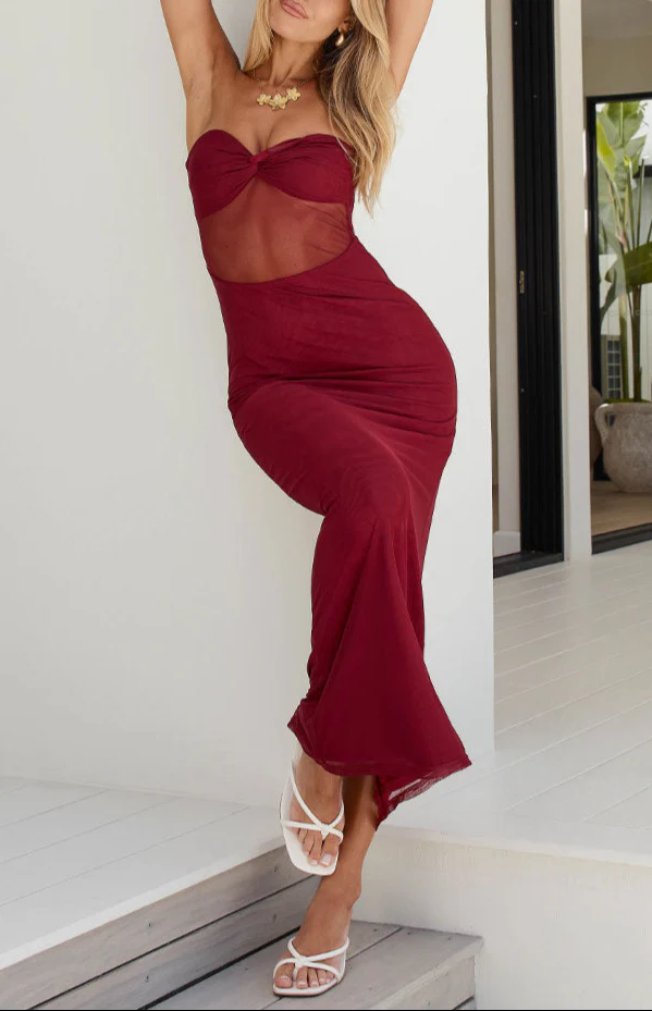 Shyla Wine Strapless Mesh Maxi Dress