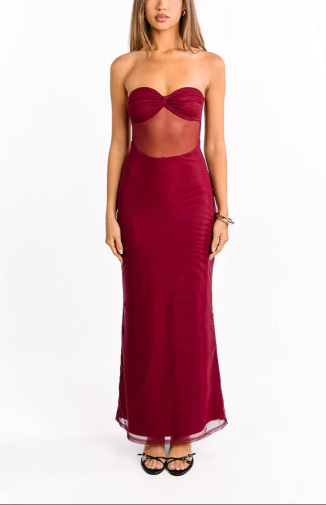 Shyla Wine Strapless Mesh Maxi Dress - Image 4