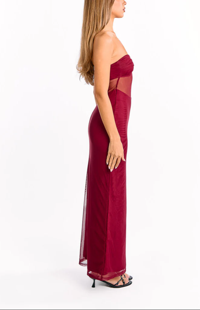 Shyla Wine Strapless Mesh Maxi Dress - Image 5