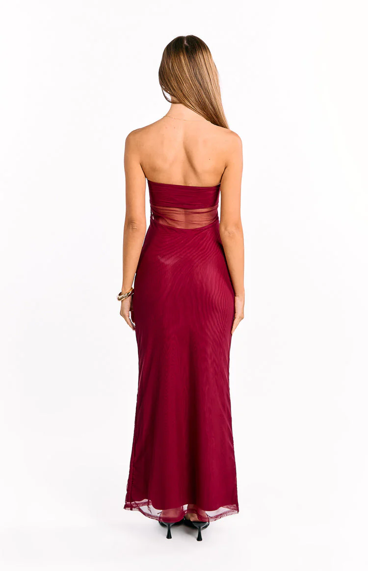 Shyla Wine Strapless Mesh Maxi Dress - Image 6