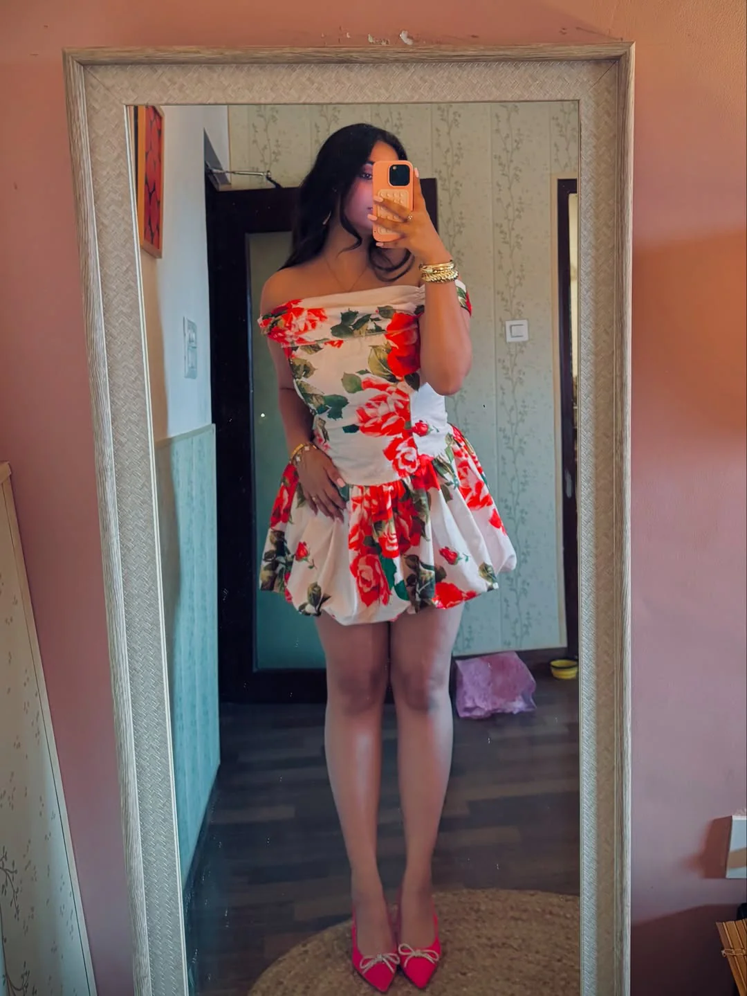 Solmere Off Shoulder Mini Dress in Rose Print - Image 3
