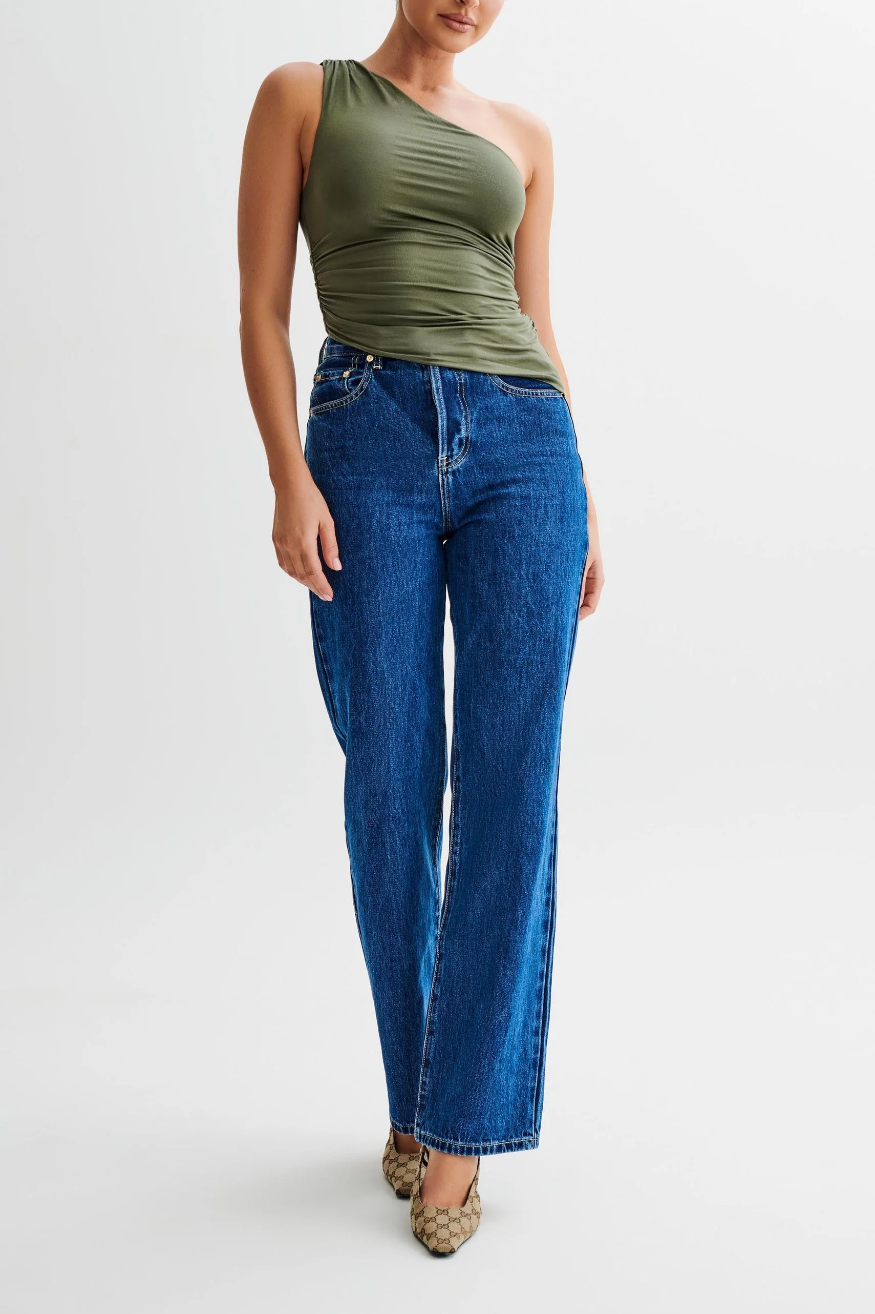 Soraya One Shoulder Asymmetric Top in Olive - Image 2