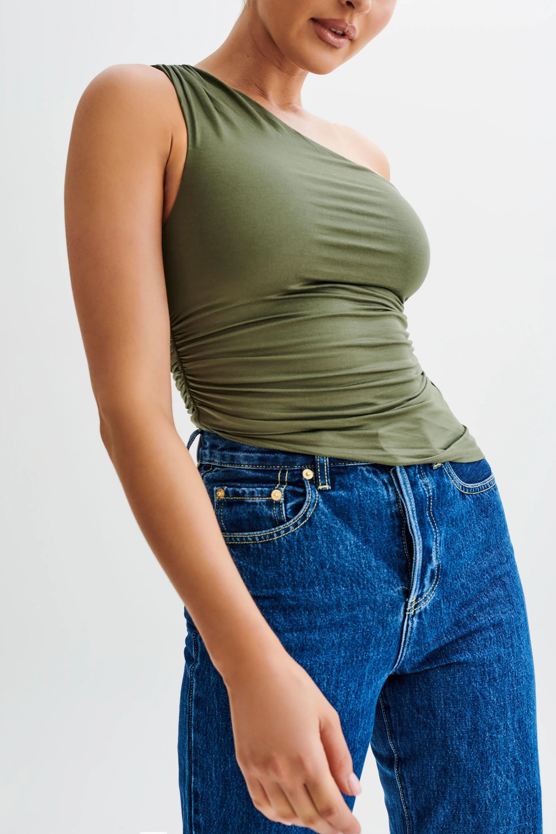 Soraya One Shoulder Asymmetric Top in Olive - Image 6