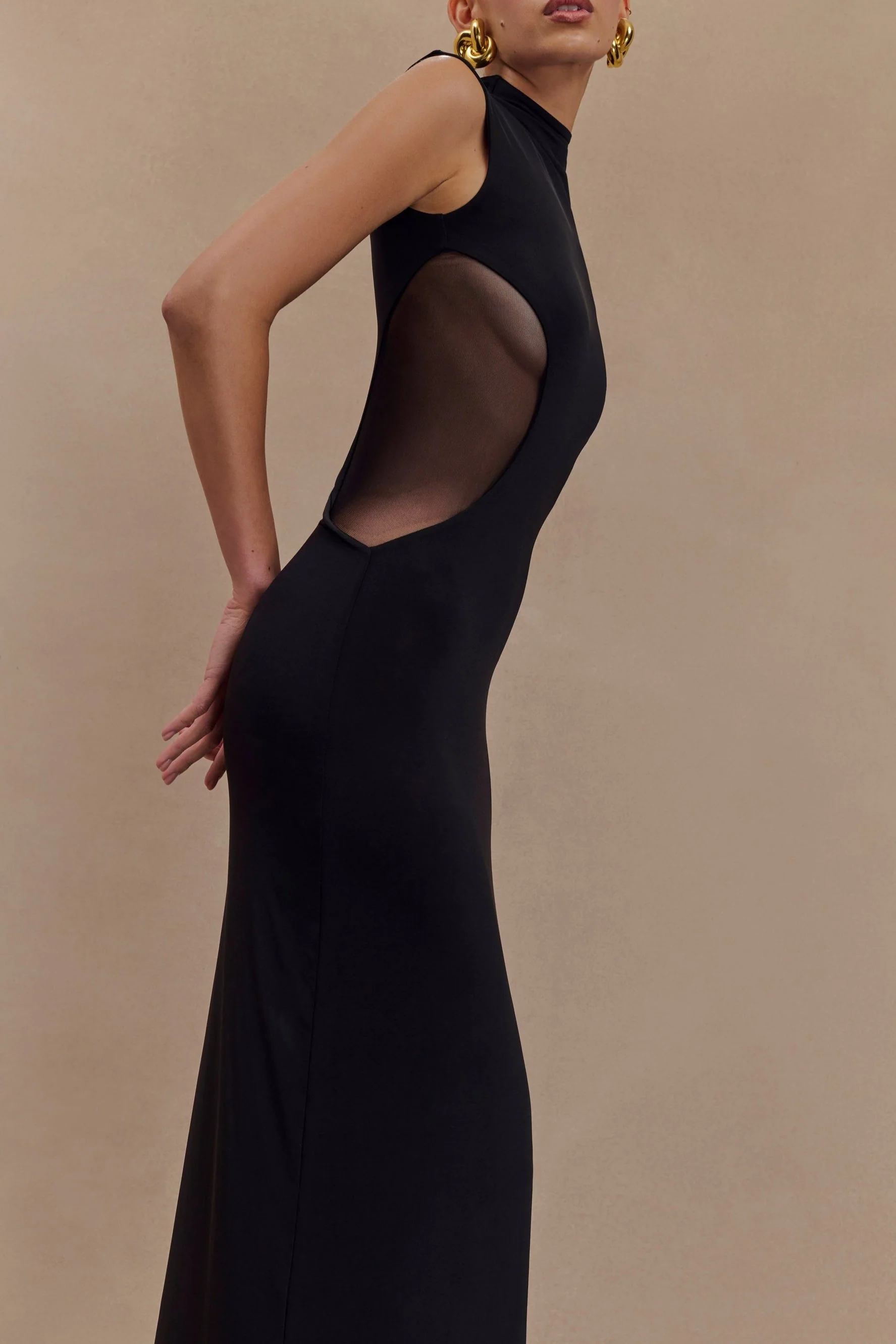 Taisia Slinky And Mesh Maxi Dress in Black - Image 2