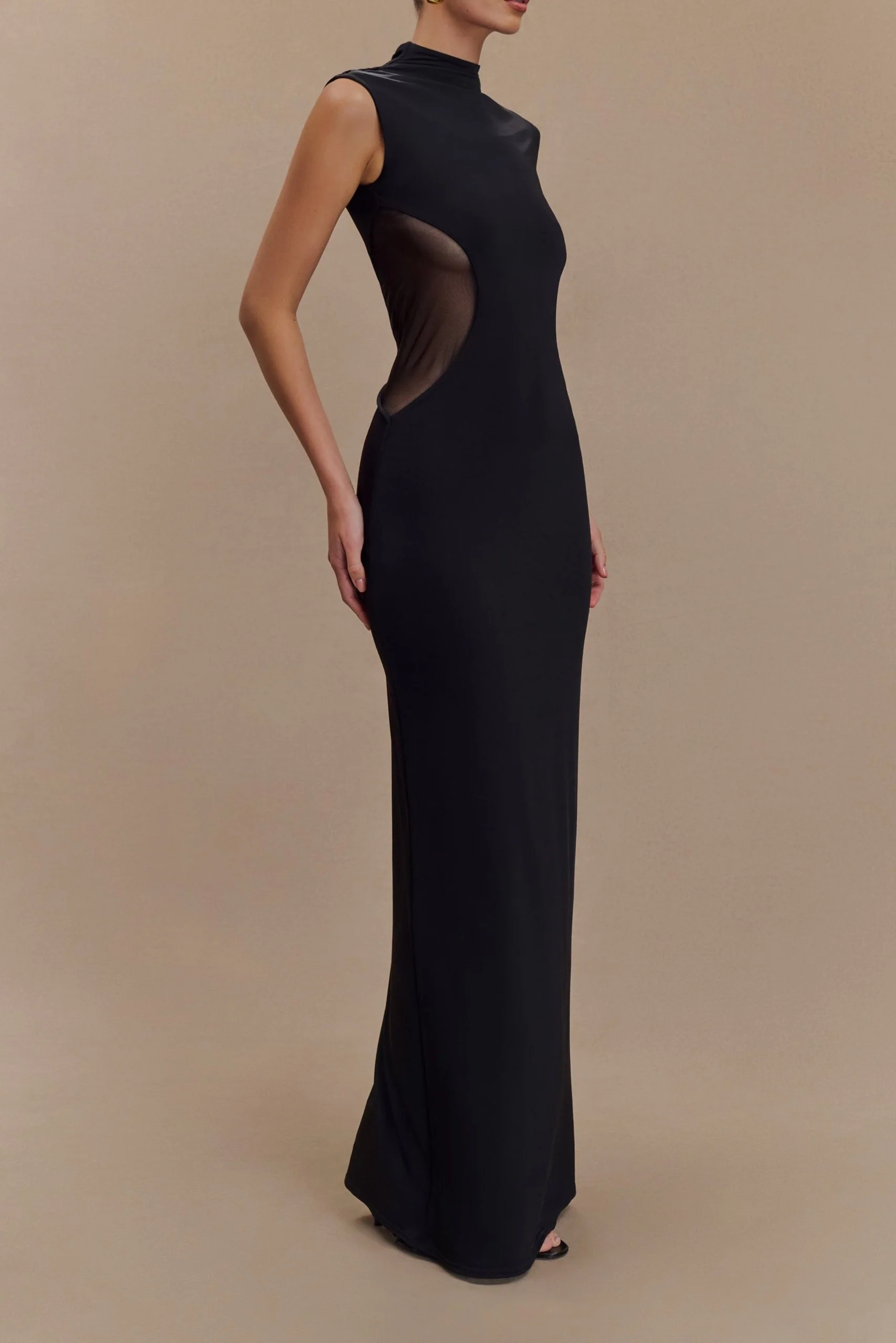 Taisia Slinky And Mesh Maxi Dress in Black - Image 3